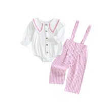 (12-18 Months, Pink) Ensemble 2 pièces bébé fille : barboteuse manches longues et salopette à carreaux, parfait pour l'automne.