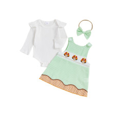 (12-18 Months, Green) Tenue de Thanksgiving pour bébé fille, barboteuse à manches longues avec broderie dinde et bandeau à nœud