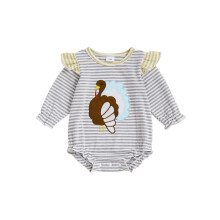 (3-6 Months, Gray) Barboteuse pour bébé fille, manches longues, col rond, rayures, broderie dinde, vêtements de Thanksgiving