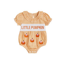 (6-12 Months, Orange) Combinaison à carreaux pour bébé fille, manches courtes, col poupée, broderie citrouille/fantôme