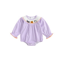 (0-3 Months, Purple) Combinaison à carreaux d'Halloween pour bébé fille, manches longues, col rond, broderie citrouille et fantôme