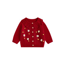 (4-5 Years, Red) Pull pour fille, cardigan d'hiver chaud à manches longues et fermeture à boutons fleuris, style décontracté.