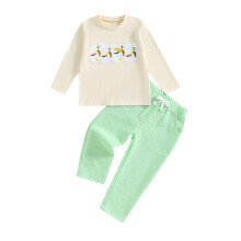 (6-7 Years, Yellow) Herbstliches Outfit für Kleinkinder: Langärmliges Oberteil mit Tierstickerei und gestreifte Hose (2-tlg.)