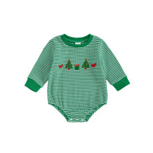 (0-3 Months, Green) Combinaison bébé rayée automne, broderie sapin de Noël tendance, col rond, manches longues