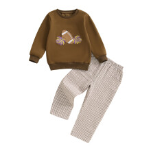 (3-4 Years, Brown) Herbst-Kleidungsset für Kleinkinder: Rugby- und Feuerwerksstickerei, Langarmpullover, karierte Hose, 2-teiliges Outfit.