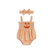 (3-6 Months, Orange) Halloweenský kostým pro holčičku s dýňovým obličejem, pruhovanými rukávy a čelenkou