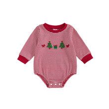 (3-6 Months, Red) Combinaison bébé rayée automne, broderie sapin de Noël tendance, col rond, manches longues