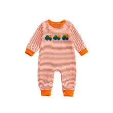 (12-18 Months, Orange) Kombinezon dla dziewczynki na Halloween, długi rękaw, okrągły dekolt, haft z motywem dyni i paskami