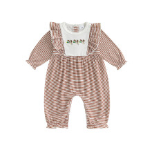 (12-18 Months, Chocolate) Combinaison bébé fille rayée avec broderies pomme/canard, manches longues, tendance nouveau-né