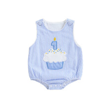 (6-12 Months, Blue) Grenouillère d'anniversaire pour bébé garçon, rayée, brodée cupcakes, sans manches, mignon pour l'été