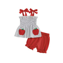 (3-4 Years, Red) Sommerkleidung für Mädchen, 2-teiliges Set: Gepunktetes, gerafftes Trägertop mit Bindebändern + einfarbige Shorts
