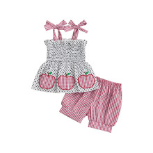(6-7 Years, Magenta) Sommerkleidung für Mädchen, 2-teiliges Set: Gepunktetes, gerafftes Trägertop mit Bindebändern + einfarbige Shorts