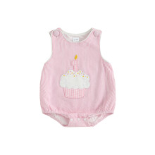 (12-18M, Pink) Grenouillère d'anniversaire pour bébé garçon, rayée, brodée cupcakes, sans manches, mignon pour l'été