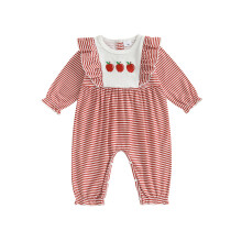 (12-18 Months, Red) Combinaison bébé fille rayée avec broderies pomme/canard, manches longues, tendance nouveau-né