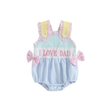 (6-12 Months, Blue) Combinaison d'été pour bébé fille, coupe ample, nœuds brodés, rayures et volants, sans manches