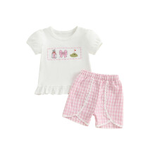 (3-4 Years, Pink) Sommeroutfit für Mädchen: Golf-Stickerei-T-Shirt mit Rüschen und Shorts, 2-teiliges Set