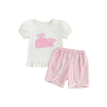 (3-4 Years, White) Sommeroutfit für Mädchen: Golf-Stickerei-T-Shirt mit Rüschen und Shorts, 2-teiliges Set