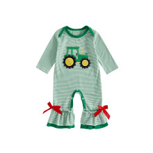 (0-3 Months, Green) Combinaison automne fille, imprimé rayures et broderies tracteur, manches longues, col rond, pantalon long.