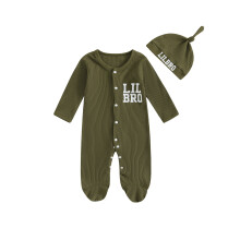 (Newborn, Army Green) Kisfiú lábbelis, betűmintás, hosszú ujjú, teljes hosszúságú, bordázott jumpsuit sapka őszi alkalmi viseletre