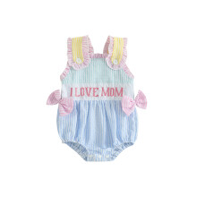 (6-12 Months, Green) Combinaison d'été pour bébé fille, coupe ample, nœuds brodés, rayures et volants, sans manches
