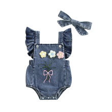 (12-18 Months, Sky Blue) Ensemble d'été fille : barboteuse en jean sans manches avec volants et bandeau assorti, vêtements nouveau-né.