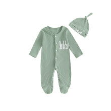 (Newborn, Green) Kisfiú lábbelis, betűmintás, hosszú ujjú, teljes hosszúságú, bordázott jumpsuit sapka őszi alkalmi viseletre