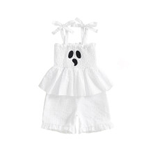 (4-5 Years, White) Dziewczęcy kombinezon w kratę na Halloween z dynią i marszczonymi szortami z wiązaniem na ramiączkach