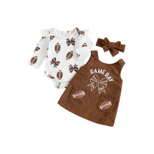 (0-3 Months, Khaki) Set haine pentru bebe fete toamnă, romper cu mânecă lungă, salopetă rochie + bandă de susținere.