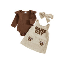 (6-12 Months, Apricot) Ensemble d'automne pour bébé fille, barboteuse manches longues avec broderie, robe salopette et bandeau