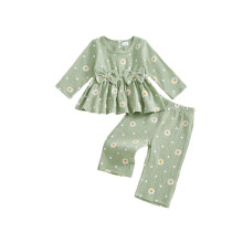 (3-6 Months, Green) Ensemble 2 pièces pour bébé fille, T-shirt manches longues, pantalon élastique, motif floral automne.