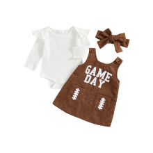 (3-6 Months, Khaki) Ensemble d'automne pour bébé fille, barboteuse manches longues avec broderie, robe salopette et bandeau