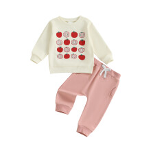 (6-12 Months, Pink) Conjunto de dos piezas para bebé niña: sudadera de manga larga con estampado de tomate y pantalón deportivo liso.