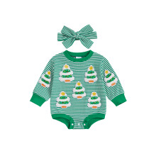 (3-6 Months, Green) Vianočné pruhované overaly s motívom Santa Clausa pre dievčatá, dlhé rukávy a čelenka pre batoľatá.