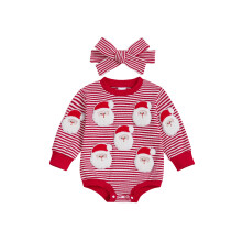 (6-12 Months, Red) Vianočné pruhované overaly s motívom Santa Clausa pre dievčatá, dlhé rukávy a čelenka pre batoľatá.
