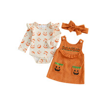 (6-12 Months, Orange) Ensemble 3 pièces pour bébé fille : barboteuse à manches longues citrouille, robe brodée et bandeau.