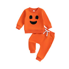 (12-18 Months, Orange) Ensemble bébé : sweat-shirt long avec visage souriant et pantalon de jogging élastique.
