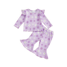 (3-4 Years, Purple) Ensemble bébé fille : haut à manches longues à volants et pantalon évasé élastique.