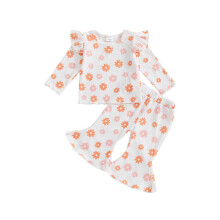(12-18 Months, White) Ensemble bébé fille : haut à manches longues à volants et pantalon évasé élastique.