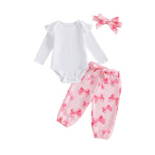 (6-12 Months, Pink) Ensemble automnal pour bébé fille : barboteuse à volants, pantalon imprimé nœud et bandeau. Vêtements nouveau-né.