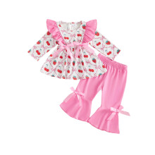(3-4 Years, Pink) Ensemble 2 pièces bébé fille : haut long et pantalon évasé cerises fraises, volants et nœuds.