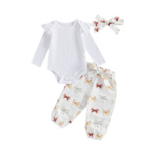 (6-12 Months, Colorful) Ensemble automnal pour bébé fille : barboteuse à volants, pantalon imprimé nœud et bandeau. Vêtements nouveau-né.
