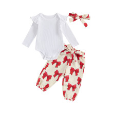 (3-6 Months, Red) Ensemble automnal pour bébé fille : barboteuse à volants, pantalon imprimé nœud et bandeau. Vêtements nouveau-né.