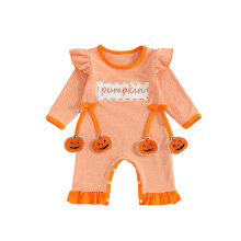 (3-6 Months, Orange) Dievčenský halloweenský overal s dlhým rukávom a výstrihom do O, výšivkou s tekvicou/duchom a pruhmi