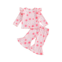 (18-24 Months, Pink) Ensemble bébé fille : haut à manches longues à volants et pantalon évasé élastique.