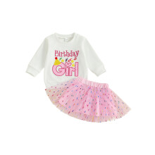(4-5 Years, White) Ensemble 2 pièces bébé fille : pull à manches longues brodé et jupe en tulle pour anniversaire.