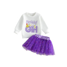 (12-18 Months, Purple) Ensemble 2 pièces bébé fille : pull à manches longues brodé et jupe en tulle pour anniversaire.