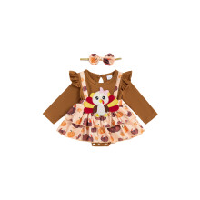 (12-18 Months, Brown) Jesenný dievčenský outfit na Deň vďakyvzdania, dlhé rukávy s volánikmi a čelenkou s mašľou, 2 kusy
