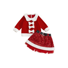 (12-18 Months, Red) Ensemble d'hiver 3 pièces pour bébé fille : haut en velours à manches longues, jupe trapèze à sequins et ceinture.