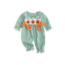 (12-18 Months, Green) Dievčenské halloweenske overaly s potlačou, výšivkou tekvice, dlhým rukávom a volánikmi, okrúhly výstrih.