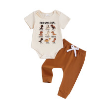 (12-18 Months, Beige) Letni strój dla chłopca z nadrukiem dinozaura, krótkim rękawem, kombinezonem i elastycznymi spodniami, 2 sztuki